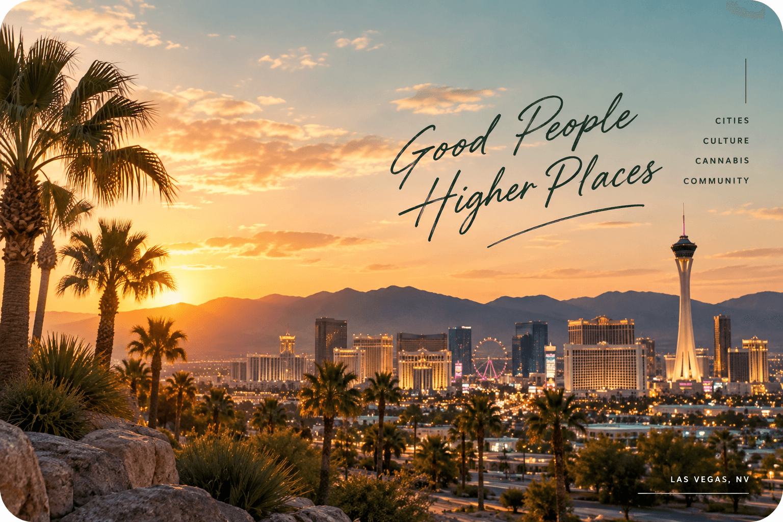 Las Vegas skyline at golden sunset with palm trees