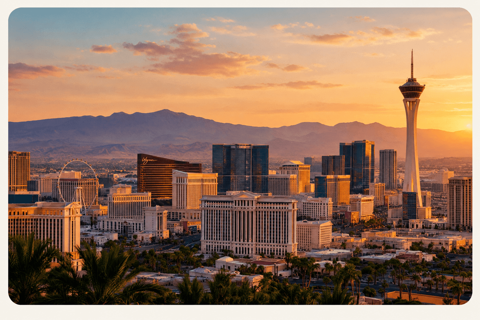 Aerial view of the Las Vegas Strip at golden hour